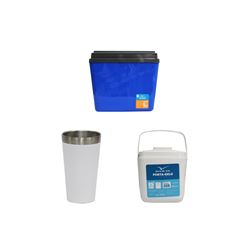 KIT COPO TÉRMICO AÇO INOX 473ML BRANCO + CAIXA TÉRMICA 34L AZUL INVICTA + PORTA GELO 1L BRANCO COM ALÇA INVICTA