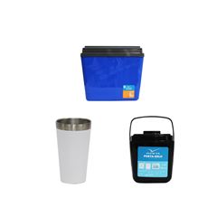 KIT COPO TÉRMICO AÇO INOX 473ML BRANCO + CAIXA TÉRMICA 34L AZUL INVICTA + PORTA GELO 1L PRETO COM ALÇA INVICTA