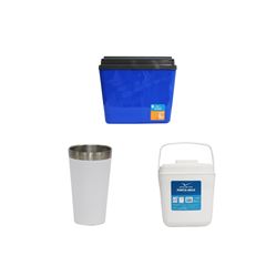 KIT COPO TÉRMICO AÇO INOX 473ML BRANCO + CAIXA TÉRMICA 34L AZUL INVICTA + PORTA GELO 2,5L BRANCO COM ALÇA INVICTA