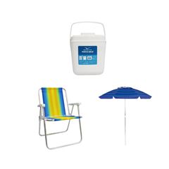 KIT GUARDA-SOL COLORIDO SILVER COATING ALUMÍNIO 2M MOR + CADEIRA PRAIA ALTA ALUMÍNIO COLORIDA MOR + PORTA GELO 2,5L BRANCO COM ALÇA INVICTA