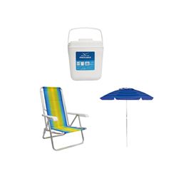 KIT GUARDA-SOL COLORIDO SILVER COATING ALUMÍNIO 2M MOR + CADEIRA RECLINÁVEL 8 POSIÇÕES ALUMÍNIO MOR + PORTA GELO 2,5L BRANCO COM ALÇA INVICTA