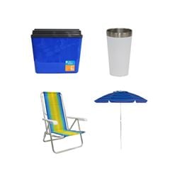 KIT GUARDA-SOL COLORIDO SILVER COATING ALUMÍNIO 2M MOR + COPO TÉRMICO AÇO INOX 473ML BRANCO + CAIXA TÉRMICA 34L AZUL INVICTA + CADEIRA RECLINÁVEL 8 POSIÇÕES ALUMÍNIO MOR