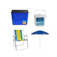 KIT GUARDA-SOL COLORIDO SILVER COATING ALUMÍNIO 2M MOR + CAIXA TÉRMICA 34L AZUL INVICTA + CADEIRA PRAIA ALTA ALUMÍNIO COLORIDA MOR + PORTA GELO 1L BRANCO COM ALÇA INVICTA