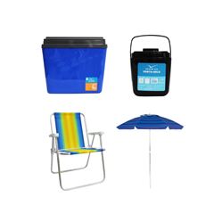 KIT GUARDA-SOL COLORIDO SILVER COATING ALUMÍNIO 2M MOR + CAIXA TÉRMICA 34L AZUL INVICTA + CADEIRA PRAIA ALTA ALUMÍNIO COLORIDA MOR + PORTA GELO 1L PRETO COM ALÇA INVICTA