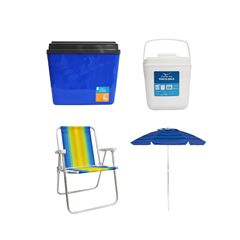 KIT GUARDA-SOL COLORIDO SILVER COATING ALUMÍNIO 2M MOR + CAIXA TÉRMICA 34L AZUL INVICTA + CADEIRA PRAIA ALTA ALUMÍNIO COLORIDA MOR + PORTA GELO 2,5L BRANCO COM ALÇA INVICTA