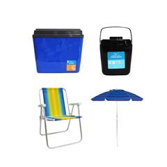 KIT GUARDA-SOL COLORIDO SILVER COATING ALUMÍNIO 2M MOR + CAIXA TÉRMICA 34L AZUL INVICTA + CADEIRA PRAIA ALTA ALUMÍNIO COLORIDA MOR + PORTA GELO 2,5L PRETO COM ALÇA INVICTA