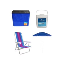 KIT GUARDA-SOL COLORIDO SILVER COATING ALUMÍNIO 2M MOR + CAIXA TÉRMICA 34L AZUL INVICTA + CADEIRA RECLINÁVEL 4 POSIÇÕES ALUMÍNIO MOR + PORTA GELO 1L BRANCO COM ALÇA INVICTA