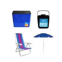 KIT GUARDA-SOL COLORIDO SILVER COATING ALUMÍNIO 2M MOR + CAIXA TÉRMICA 34L AZUL INVICTA + CADEIRA RECLINÁVEL 4 POSIÇÕES ALUMÍNIO MOR + PORTA GELO 1L PRETO COM ALÇA INVICTA