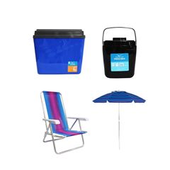 KIT GUARDA-SOL COLORIDO SILVER COATING ALUMÍNIO 2M MOR + CAIXA TÉRMICA 34L AZUL INVICTA + CADEIRA RECLINÁVEL 4 POSIÇÕES ALUMÍNIO MOR + PORTA GELO 2,5L PRETO COM ALÇA INVICTA