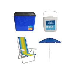 KIT GUARDA-SOL COLORIDO SILVER COATING ALUMÍNIO 2M MOR + CAIXA TÉRMICA 34L AZUL INVICTA + CADEIRA RECLINÁVEL 8 POSIÇÕES ALUMÍNIO MOR + PORTA GELO 1L BRANCO COM ALÇA INVICTA