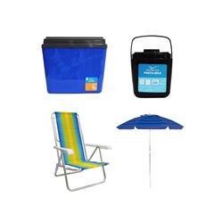 KIT GUARDA-SOL COLORIDO SILVER COATING ALUMÍNIO 2M MOR + CAIXA TÉRMICA 34L AZUL INVICTA + CADEIRA RECLINÁVEL 8 POSIÇÕES ALUMÍNIO MOR + PORTA GELO 1L PRETO COM ALÇA INVICTA