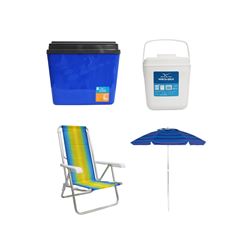 KIT GUARDA-SOL COLORIDO SILVER COATING ALUMÍNIO 2M MOR + CAIXA TÉRMICA 34L AZUL INVICTA + CADEIRA RECLINÁVEL 8 POSIÇÕES ALUMÍNIO MOR + PORTA GELO 2,5L BRANCO COM ALÇA INVICTA