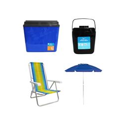 KIT GUARDA-SOL COLORIDO SILVER COATING ALUMÍNIO 2M MOR + CAIXA TÉRMICA 34L AZUL INVICTA + CADEIRA RECLINÁVEL 8 POSIÇÕES ALUMÍNIO MOR + PORTA GELO 2,5L PRETO COM ALÇA INVICTA