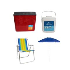 KIT GUARDA-SOL COLORIDO SILVER COATING ALUMÍNIO 2M MOR + CAIXA TÉRMICA 34L VERMELHA INVICTA + CADEIRA PRAIA ALTA ALUMÍNIO COLORIDA MOR + PORTA GELO 1L BRANCO COM ALÇA INVICTA