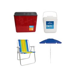 KIT GUARDA-SOL COLORIDO SILVER COATING ALUMÍNIO 2M MOR + CAIXA TÉRMICA 34L VERMELHA INVICTA + CADEIRA PRAIA ALTA ALUMÍNIO COLORIDA MOR + PORTA GELO 2,5L BRANCO COM ALÇA INVICTA