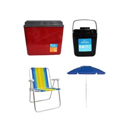 KIT GUARDA-SOL COLORIDO SILVER COATING ALUMÍNIO 2M MOR + CAIXA TÉRMICA 34L VERMELHA INVICTA + CADEIRA PRAIA ALTA ALUMÍNIO COLORIDA MOR + PORTA GELO 2,5L PRETO COM ALÇA INVICTA