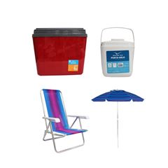 KIT GUARDA-SOL COLORIDO SILVER COATING ALUMÍNIO 2M MOR + CAIXA TÉRMICA 34L VERMELHA INVICTA + CADEIRA RECLINÁVEL 4 POSIÇÕES ALUMÍNIO MOR + PORTA GELO 1L BRANCO COM ALÇA INVICTA