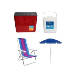 KIT GUARDA-SOL COLORIDO SILVER COATING ALUMÍNIO 2M MOR + CAIXA TÉRMICA 34L VERMELHA INVICTA + CADEIRA RECLINÁVEL 4 POSIÇÕES ALUMÍNIO MOR + PORTA GELO 2,5L BRANCO COM ALÇA INVICTA