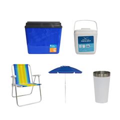 KIT GUARDA-SOL COLORIDO SILVER COATING ALUMÍNIO 2M MOR + COPO TÉRMICO AÇO INOX 473ML BRANCO + CAIXA TÉRMICA 34L AZUL INVICTA + CADEIRA PRAIA ALTA ALUMÍNIO COLORIDA MOR + PORTA GELO 1L BRANCO COM ALÇA 