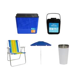 KIT GUARDA-SOL COLORIDO SILVER COATING ALUMÍNIO 2M MOR + COPO TÉRMICO AÇO INOX 473ML BRANCO + CAIXA TÉRMICA 34L AZUL INVICTA + CADEIRA PRAIA ALTA ALUMÍNIO COLORIDA MOR + PORTA GELO 1L PRETO COM ALÇA I