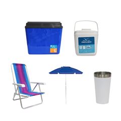 KIT GUARDA-SOL COLORIDO SILVER COATING ALUMÍNIO 2M MOR + COPO TÉRMICO AÇO INOX 473ML BRANCO + CAIXA TÉRMICA 34L AZUL INVICTA + CADEIRA RECLINÁVEL 4 POSIÇÕES ALUMÍNIO MOR + PORTA GELO 1L BRANCO COM ALÇ