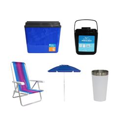 KIT GUARDA-SOL COLORIDO SILVER COATING ALUMÍNIO 2M MOR + COPO TÉRMICO AÇO INOX 473ML BRANCO + CAIXA TÉRMICA 34L AZUL INVICTA + CADEIRA RECLINÁVEL 4 POSIÇÕES ALUMÍNIO MOR + PORTA GELO 1L PRETO COM ALÇA