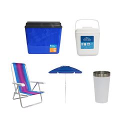 KIT GUARDA-SOL COLORIDO SILVER COATING ALUMÍNIO 2M MOR + COPO TÉRMICO AÇO INOX 473ML BRANCO + CAIXA TÉRMICA 34L AZUL INVICTA + CADEIRA RECLINÁVEL 4 POSIÇÕES ALUMÍNIO MOR + PORTA GELO 2,5L BRANCO COM A