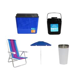 KIT GUARDA-SOL COLORIDO SILVER COATING ALUMÍNIO 2M MOR + COPO TÉRMICO AÇO INOX 473ML BRANCO + CAIXA TÉRMICA 34L AZUL INVICTA + CADEIRA RECLINÁVEL 4 POSIÇÕES ALUMÍNIO MOR + PORTA GELO 2,5L PRETO COM AL