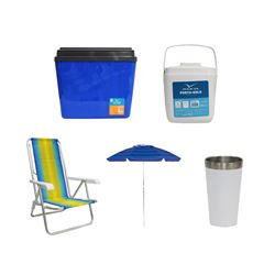 KIT GUARDA-SOL COLORIDO SILVER COATING ALUMÍNIO 2M MOR + COPO TÉRMICO AÇO INOX 473ML BRANCO + CAIXA TÉRMICA 34L AZUL INVICTA + CADEIRA RECLINÁVEL 8 POSIÇÕES ALUMÍNIO MOR + PORTA GELO 1L BRANCO COM ALÇ