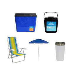 KIT GUARDA-SOL COLORIDO SILVER COATING ALUMÍNIO 2M MOR + COPO TÉRMICO AÇO INOX 473ML BRANCO + CAIXA TÉRMICA 34L AZUL INVICTA + CADEIRA RECLINÁVEL 8 POSIÇÕES ALUMÍNIO MOR + PORTA GELO 1L PRETO COM ALÇA