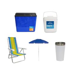 KIT GUARDA-SOL COLORIDO SILVER COATING ALUMÍNIO 2M MOR + COPO TÉRMICO AÇO INOX 473ML BRANCO + CAIXA TÉRMICA 34L AZUL INVICTA + CADEIRA RECLINÁVEL 8 POSIÇÕES ALUMÍNIO MOR + PORTA GELO 2,5L BRANCO COM A