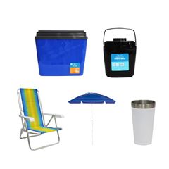 KIT GUARDA-SOL COLORIDO SILVER COATING ALUMÍNIO 2M MOR + COPO TÉRMICO AÇO INOX 473ML BRANCO + CAIXA TÉRMICA 34L AZUL INVICTA + CADEIRA RECLINÁVEL 8 POSIÇÕES ALUMÍNIO MOR + PORTA GELO 2,5L PRETO COM AL