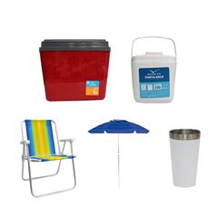 KIT GUARDA-SOL COLORIDO SILVER COATING ALUMÍNIO 2M MOR + COPO TÉRMICO AÇO INOX 473ML BRANCO + CAIXA TÉRMICA 34L VERMELHA INVICTA + CADEIRA PRAIA ALTA ALUMÍNIO COLORIDA MOR + PORTA GELO 1L BRANCO COM A