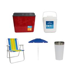 KIT GUARDA-SOL COLORIDO SILVER COATING ALUMÍNIO 2M MOR + COPO TÉRMICO AÇO INOX 473ML BRANCO + CAIXA TÉRMICA 34L VERMELHA INVICTA + CADEIRA PRAIA ALTA ALUMÍNIO COLORIDA MOR + PORTA GELO 2,5L BRANCO COM