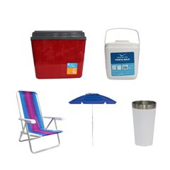 KIT GUARDA-SOL COLORIDO SILVER COATING ALUMÍNIO 2M MOR + COPO TÉRMICO AÇO INOX 473ML BRANCO + CAIXA TÉRMICA 34L VERMELHA INVICTA + CADEIRA RECLINÁVEL 4 POSIÇÕES ALUMÍNIO MOR + PORTA GELO 1L BRANCO COM