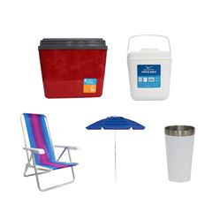 KIT GUARDA-SOL COLORIDO SILVER COATING ALUMÍNIO 2M MOR + COPO TÉRMICO AÇO INOX 473ML BRANCO + CAIXA TÉRMICA 34L VERMELHA INVICTA + CADEIRA RECLINÁVEL 4 POSIÇÕES ALUMÍNIO MOR + PORTA GELO 2,5L BRANCO C