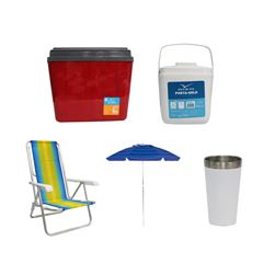 KIT GUARDA-SOL COLORIDO SILVER COATING ALUMÍNIO 2M MOR + COPO TÉRMICO AÇO INOX 473ML BRANCO + CAIXA TÉRMICA 34L VERMELHA INVICTA + CADEIRA RECLINÁVEL 8 POSIÇÕES ALUMÍNIO MOR + PORTA GELO 1L BRANCO COM