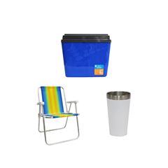 KIT COPO TÉRMICO AÇO INOX 473ML BRANCO + CAIXA TÉRMICA 34L AZUL INVICTA + CADEIRA PRAIA ALTA ALUMÍNIO COLORIDA MOR