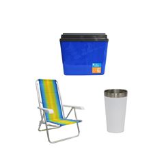 KIT COPO TÉRMICO AÇO INOX 473ML BRANCO + CAIXA TÉRMICA 34L AZUL INVICTA + CADEIRA RECLINÁVEL 8 POSIÇÕES ALUMÍNIO MOR