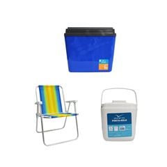 KIT CAIXA TÉRMICA 34L AZUL INVICTA + CADEIRA PRAIA ALTA ALUMÍNIO COLORIDA MOR + PORTA GELO 1L BRANCO COM ALÇA INVICTA