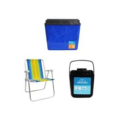 KIT CAIXA TÉRMICA 34L AZUL INVICTA + CADEIRA PRAIA ALTA ALUMÍNIO COLORIDA MOR + PORTA GELO 1L PRETO COM ALÇA INVICTA