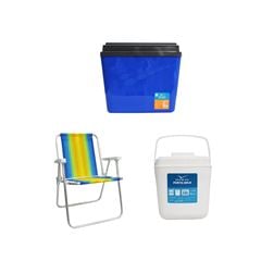 KIT CAIXA TÉRMICA 34L AZUL INVICTA + CADEIRA PRAIA ALTA ALUMÍNIO COLORIDA MOR + PORTA GELO 2,5L BRANCO COM ALÇA INVICTA