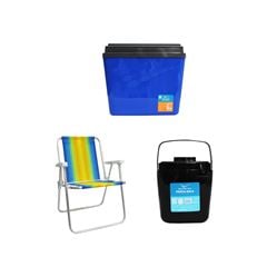 KIT CAIXA TÉRMICA 34L AZUL INVICTA + CADEIRA PRAIA ALTA ALUMÍNIO COLORIDA MOR + PORTA GELO 2,5L PRETO COM ALÇA INVICTA