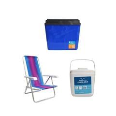 KIT CAIXA TÉRMICA 34L AZUL INVICTA + CADEIRA RECLINÁVEL 4 POSIÇÕES ALUMÍNIO MOR + PORTA GELO 1L BRANCO COM ALÇA INVICTA