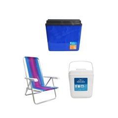 KIT CAIXA TÉRMICA 34L AZUL INVICTA + CADEIRA RECLINÁVEL 4 POSIÇÕES ALUMÍNIO MOR + PORTA GELO 2,5L BRANCO COM ALÇA INVICTA