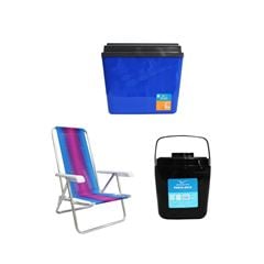 KIT CAIXA TÉRMICA 34L AZUL INVICTA + CADEIRA RECLINÁVEL 4 POSIÇÕES ALUMÍNIO MOR + PORTA GELO 2,5L PRETO COM ALÇA INVICTA