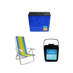 KIT CAIXA TÉRMICA 34L AZUL INVICTA + CADEIRA RECLINÁVEL 8 POSIÇÕES ALUMÍNIO MOR + PORTA GELO 1L PRETO COM ALÇA INVICTA