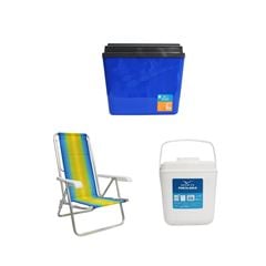 KIT CAIXA TÉRMICA 34L AZUL INVICTA + CADEIRA RECLINÁVEL 8 POSIÇÕES ALUMÍNIO MOR + PORTA GELO 2,5L BRANCO COM ALÇA INVICTA