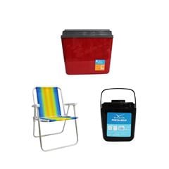 KIT CAIXA TÉRMICA 34L VERMELHA INVICTA + CADEIRA PRAIA ALTA ALUMÍNIO COLORIDA MOR + PORTA GELO 1L PRETO COM ALÇA INVICTA