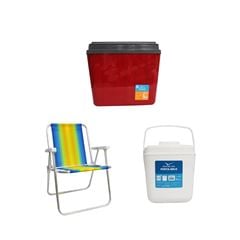 KIT CAIXA TÉRMICA 34L VERMELHA INVICTA + CADEIRA PRAIA ALTA ALUMÍNIO COLORIDA MOR + PORTA GELO 2,5L BRANCO COM ALÇA INVICTA